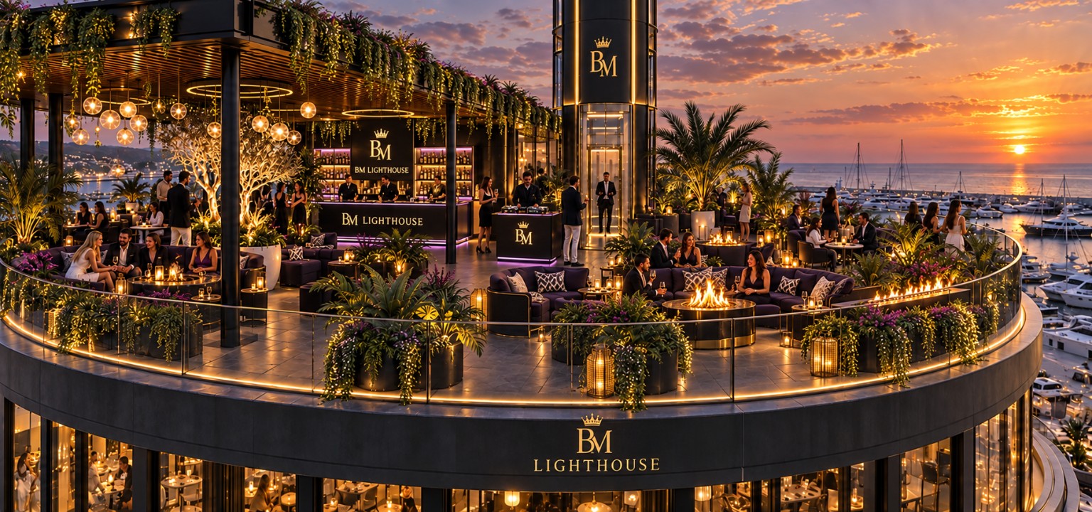 BM Lighthouse rooftop at sunset